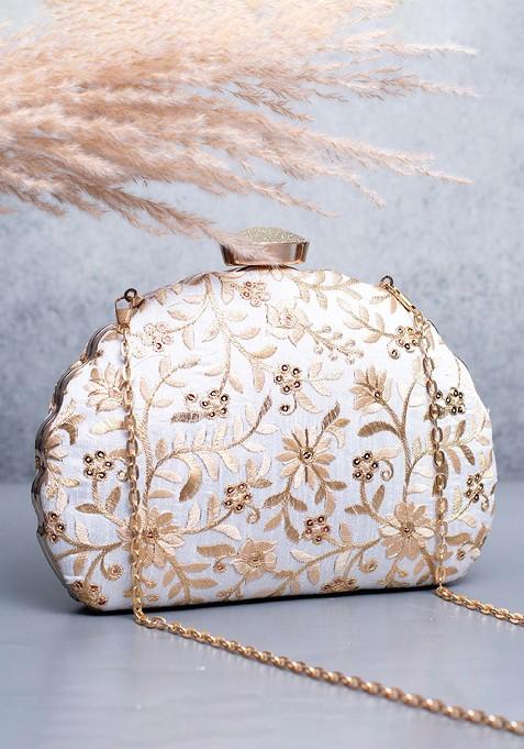 White Satin Floral Embroidered Box Clutch
