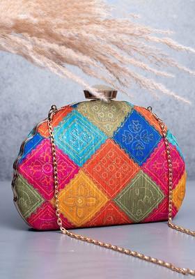 Pink Satin Geometric Embroidered Embellished Box Clutch