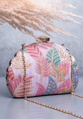 Pink Satin Floral Embroidered Box Clutch