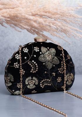 Black Satin Floral Sequins Embroidered Box Clutch