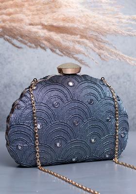 Grey Satin Geometric Zari Embroidered Box Clutch