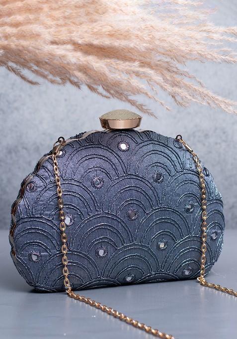 Grey Satin Geometric Zari Embroidered Box Clutch