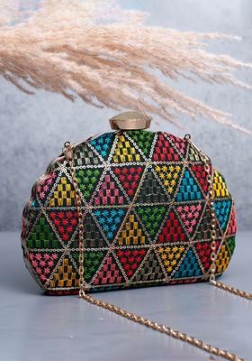 Black Satin Geometric Embroidered Box Clutch