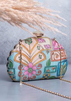 Blue Satin Floral Zari Embroidered Embellished Box Clutch
