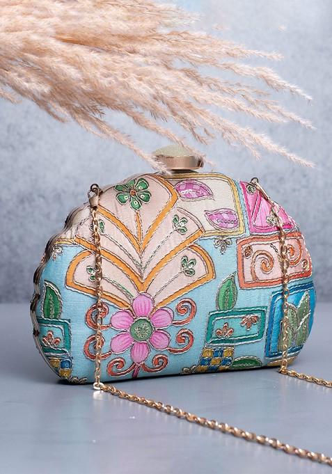 Blue Satin Floral Zari Embroidered Embellished Box Clutch