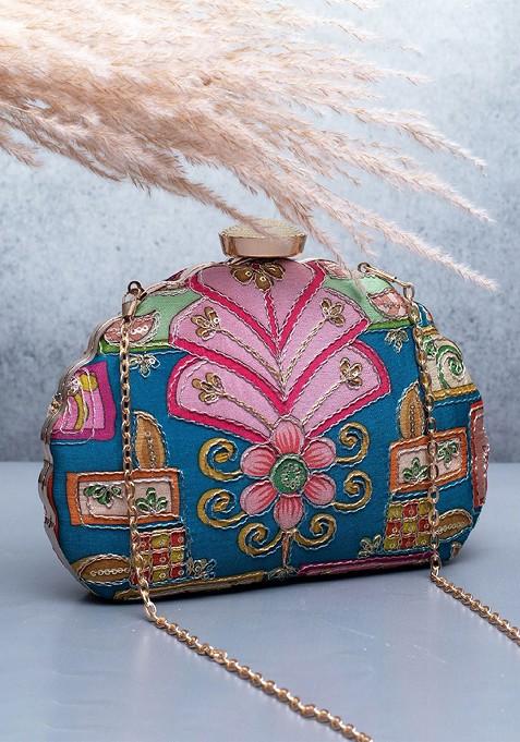 Blue Satin Floral Zari Embroidered Box Clutch