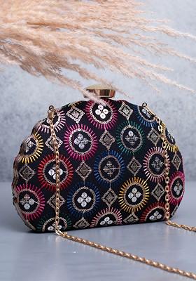 Black Satin Geometric Embroidered Box Clutch