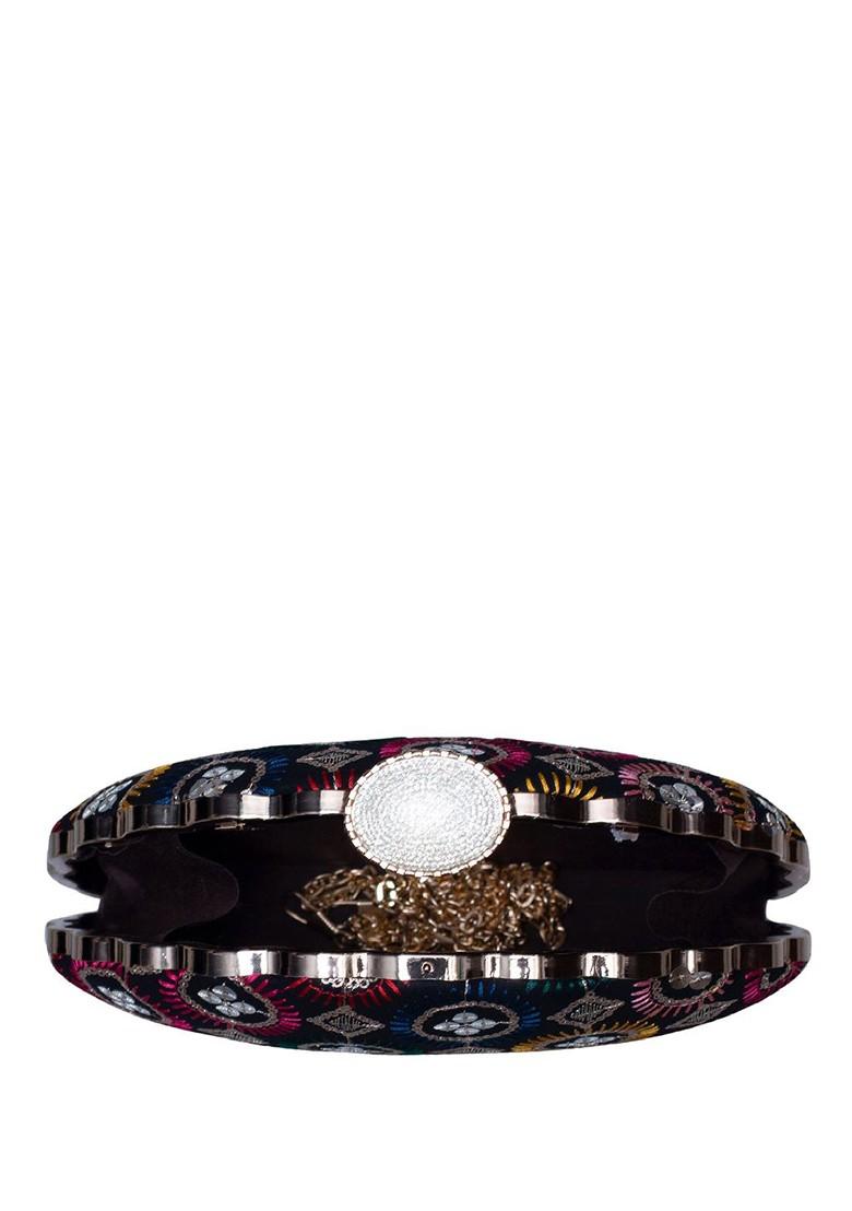 Black Satin Geometric Embroidered Box Clutch - Indya