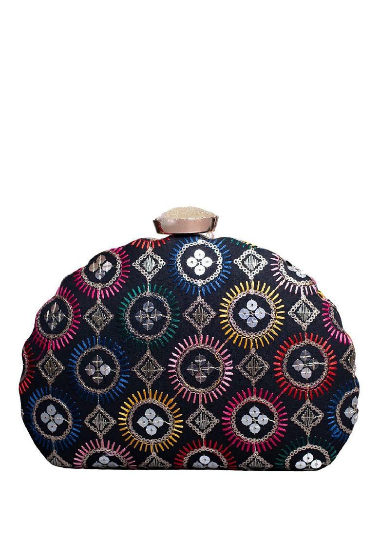 Black Satin Geometric Embroidered Box Clutch - Indya