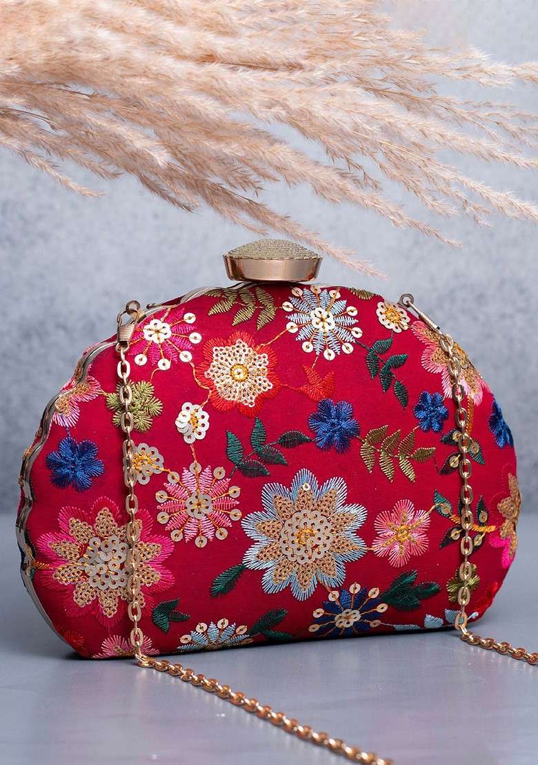Red Satin Floral Embroidered Box Clutch - Indya