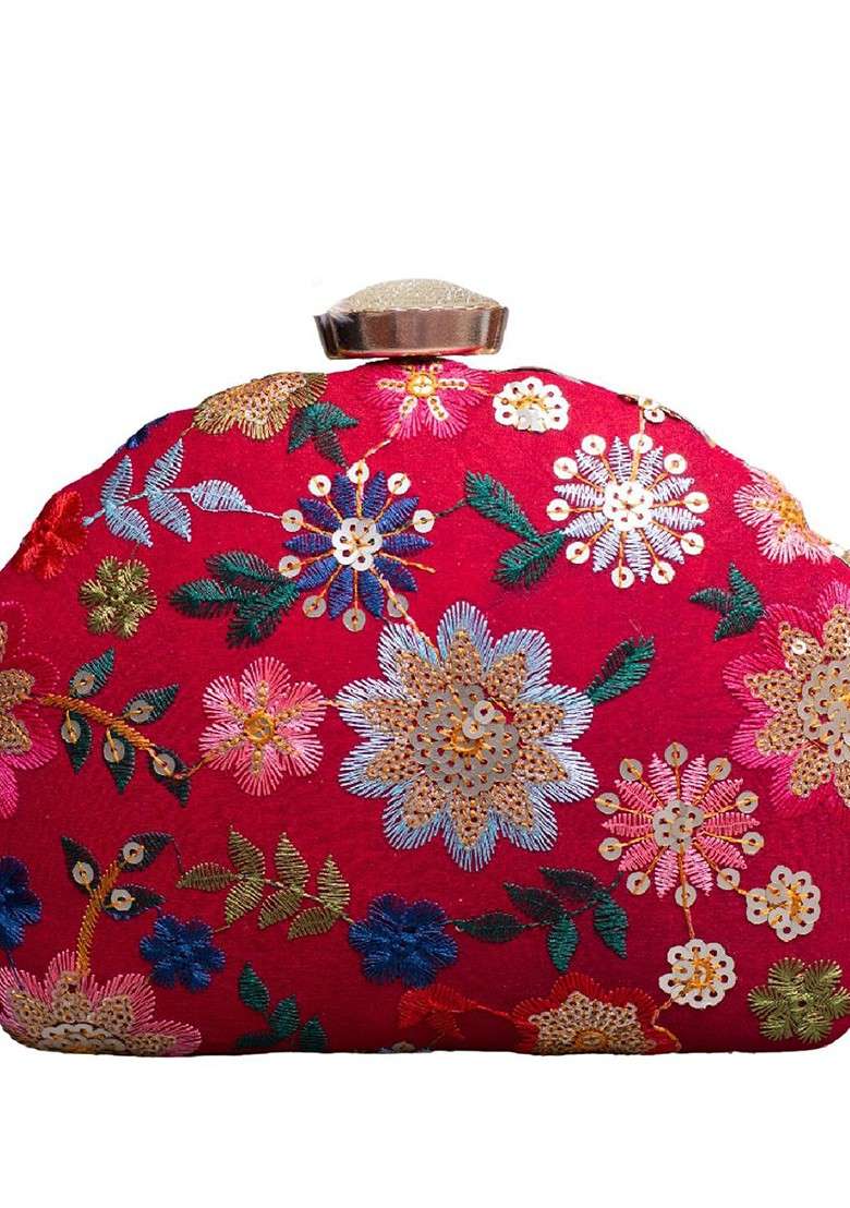 Red Satin Floral Embroidered Box Clutch - Indya