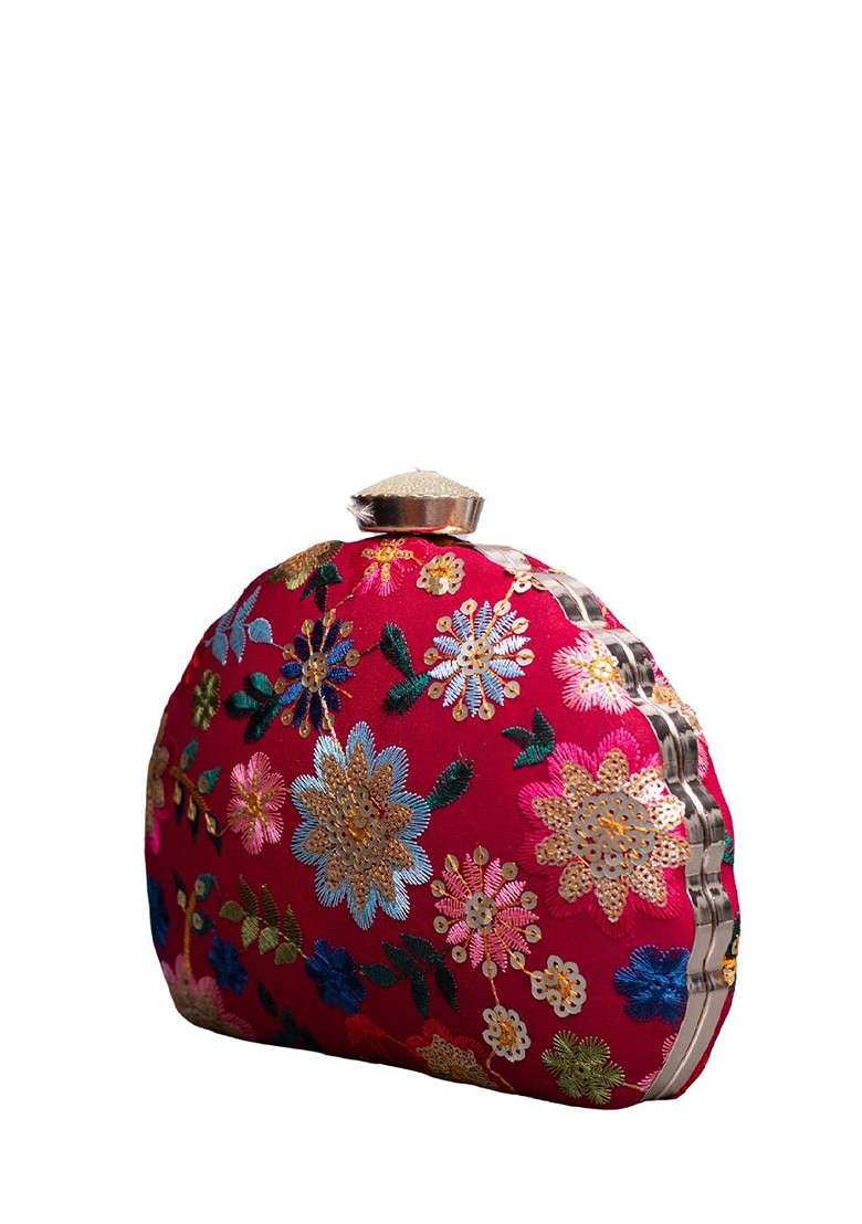 Red Satin Floral Embroidered Box Clutch - Indya