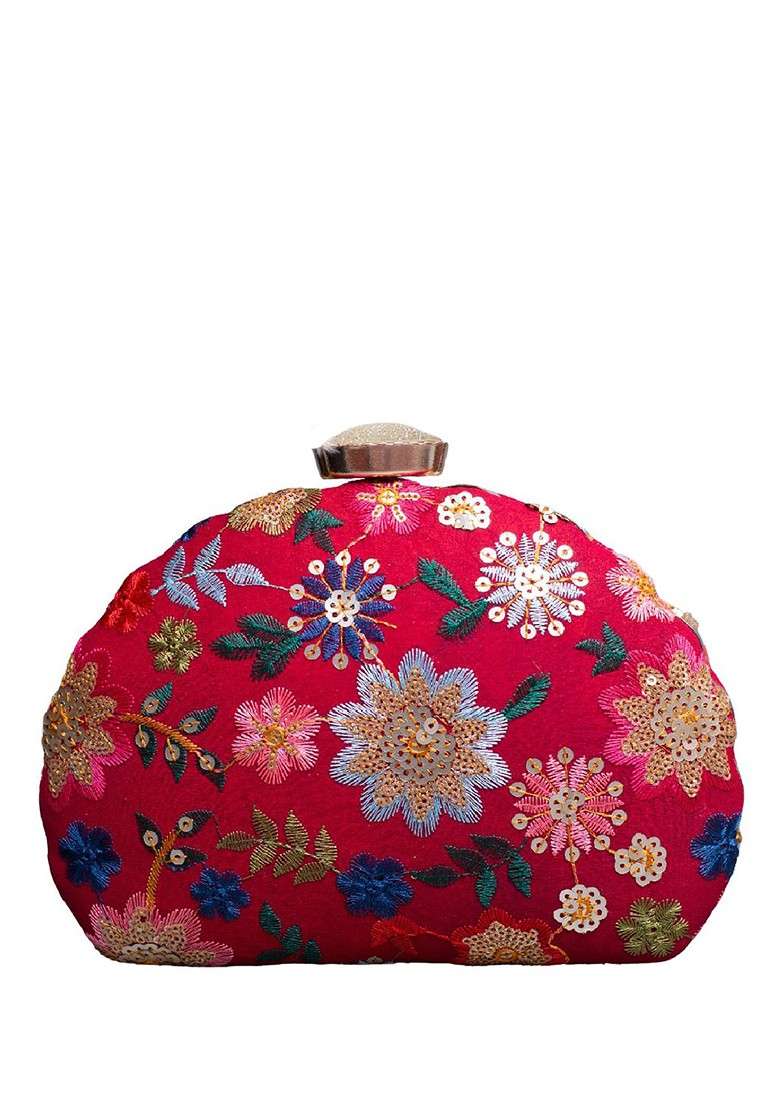 Red Satin Floral Embroidered Box Clutch - Indya
