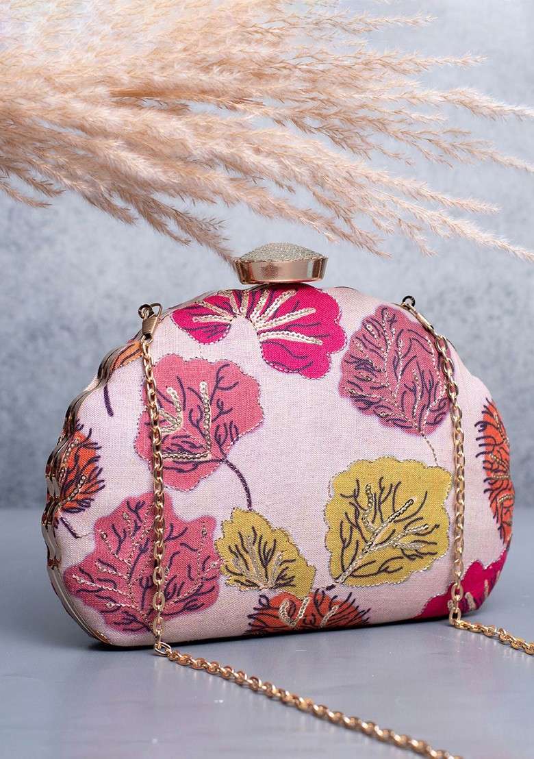 Pink Satin Floral Zari Embroidered Embellished Box Clutch - Indya
