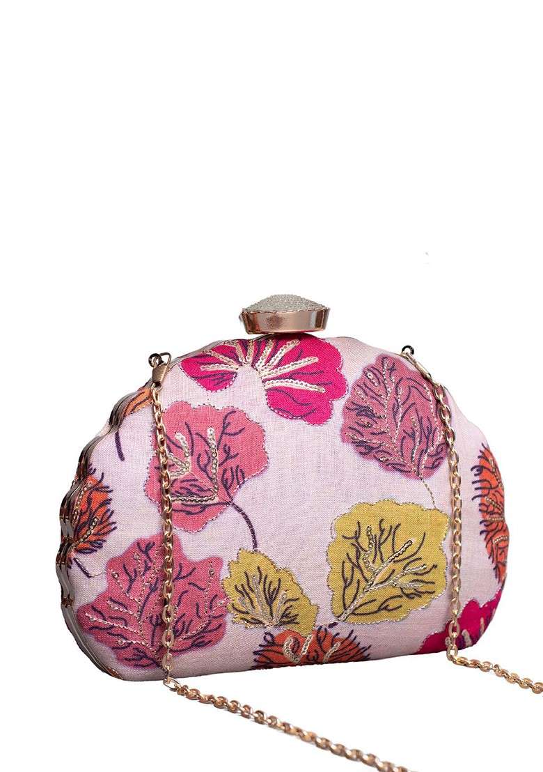 Pink Satin Floral Zari Embroidered Embellished Box Clutch - Indya