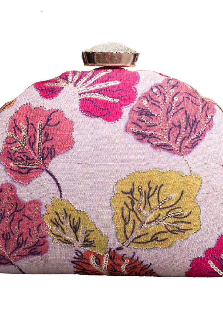 Pink Satin Floral Zari Embroidered Embellished Box Clutch - Indya