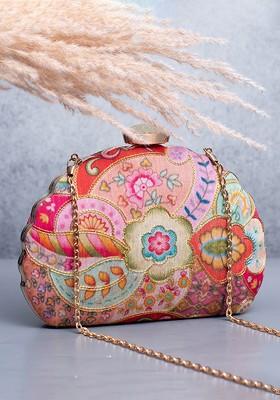Pink Satin Floral Zari Embroidered Box Clutch