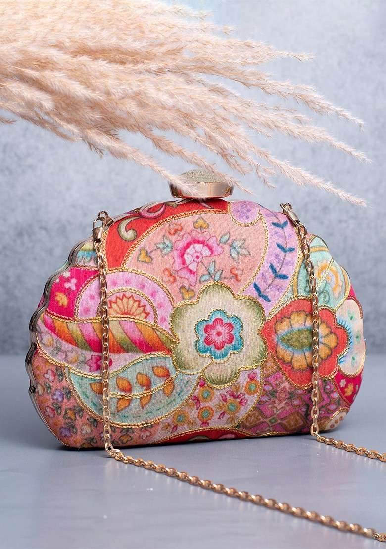 Pink Satin Floral Zari Embroidered Box Clutch - Indya