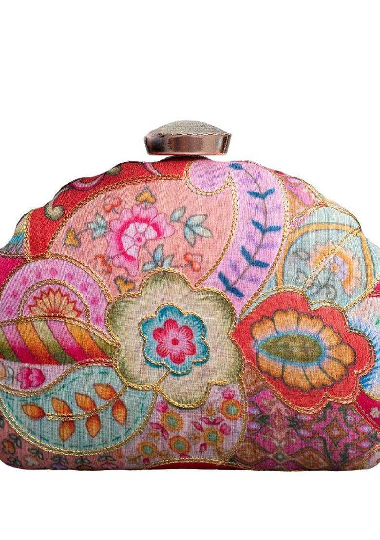 Pink Satin Floral Zari Embroidered Box Clutch - Indya
