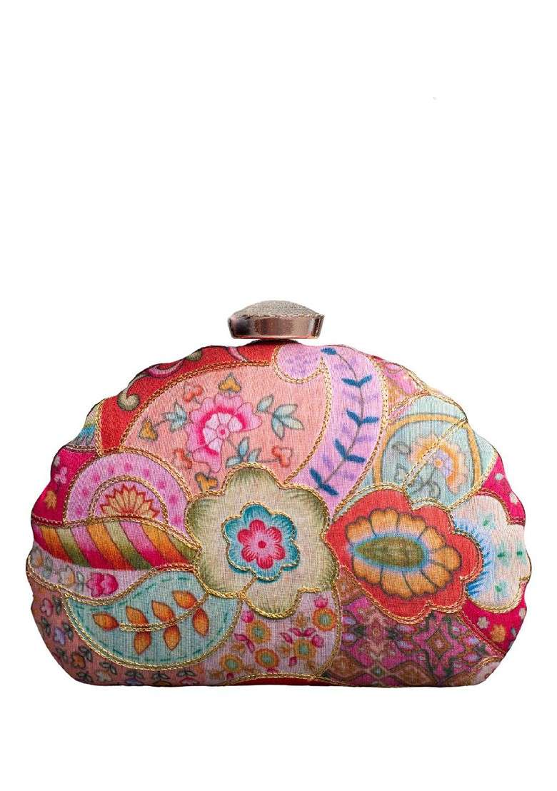 Pink Satin Floral Zari Embroidered Box Clutch - Indya
