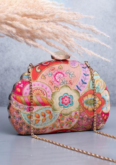 Pink Satin Floral Zari Embroidered Box Clutch