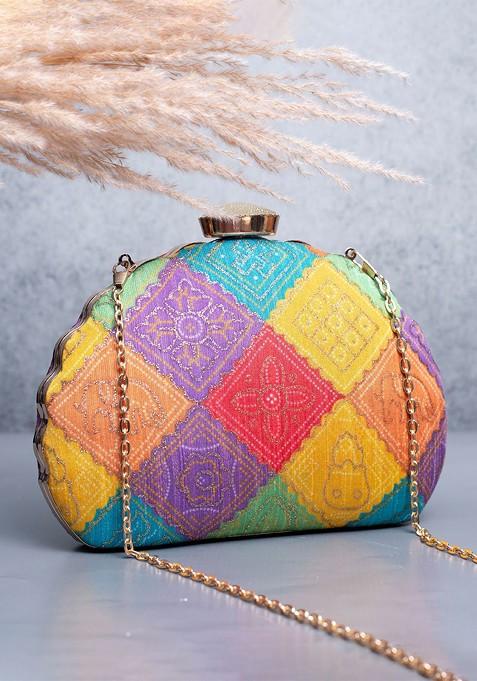 Yellow Satin Floral Embroidered Embellished Box Clutch