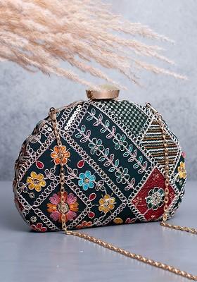 Sea Green Satin Floral Embroidered Box Clutch