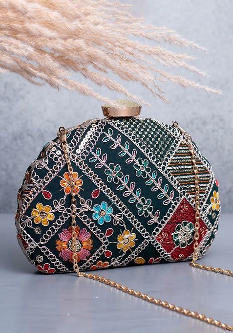Sea Green Satin Floral Embroidered Box Clutch