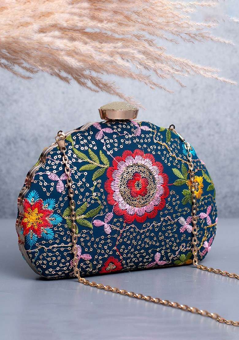 Blue Satin Floral Embroidered Embellished Box Clutch - Indya
