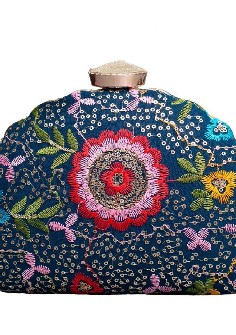 Blue Satin Floral Embroidered Embellished Box Clutch - Indya