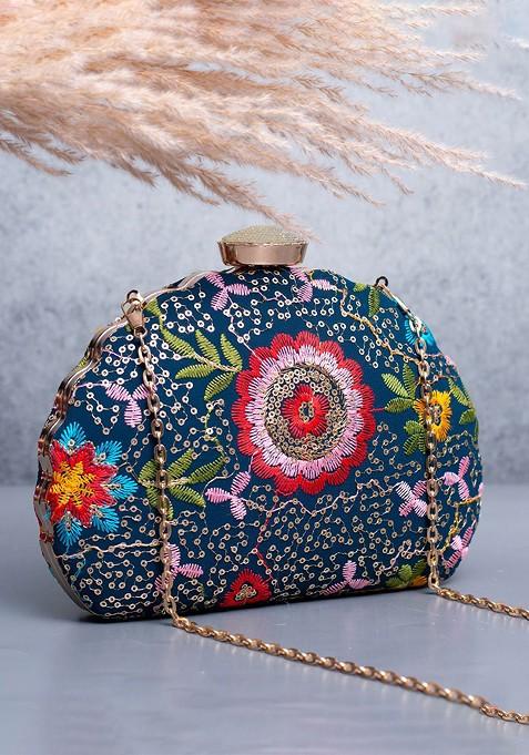 Blue Satin Floral Embroidered Embellished Box Clutch