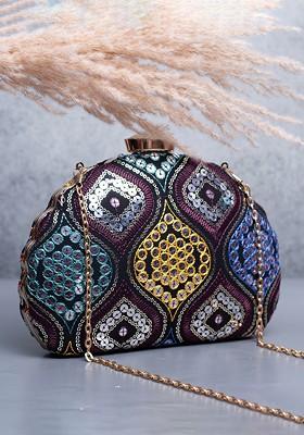 Black Satin Geometric Embroidered Box Clutch