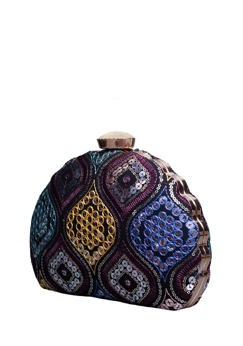 Black Satin Geometric Embroidered Box Clutch - Indya