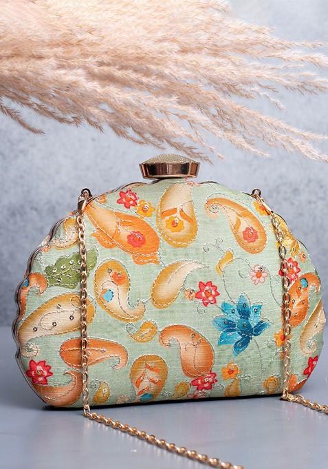 Green Satin Ethnic Motifs Embroidered Box Clutch