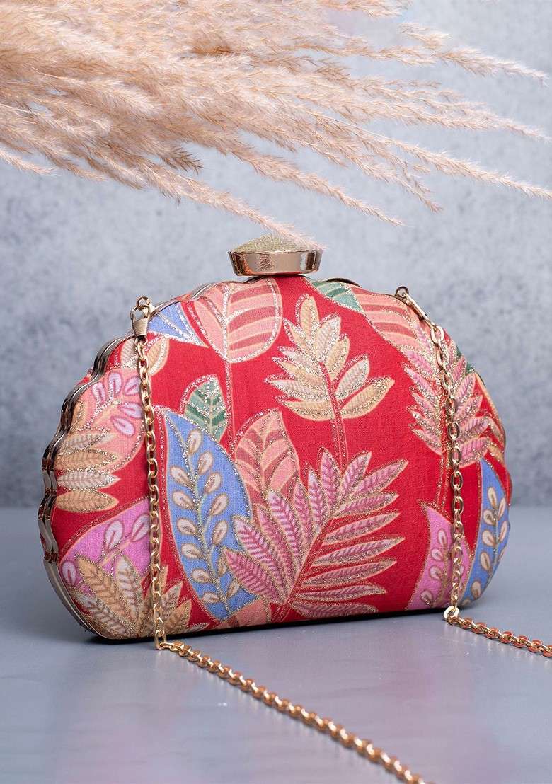 Red Satin Floral Zari Embroidered Box Clutch - Indya