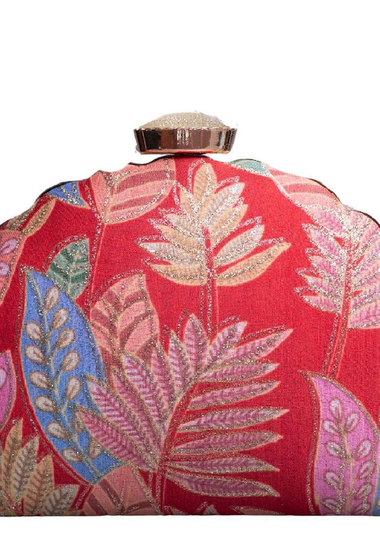 Red Satin Floral Zari Embroidered Box Clutch - Indya