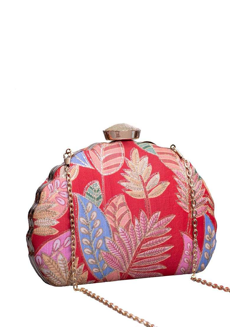 Red Satin Floral Zari Embroidered Box Clutch - Indya