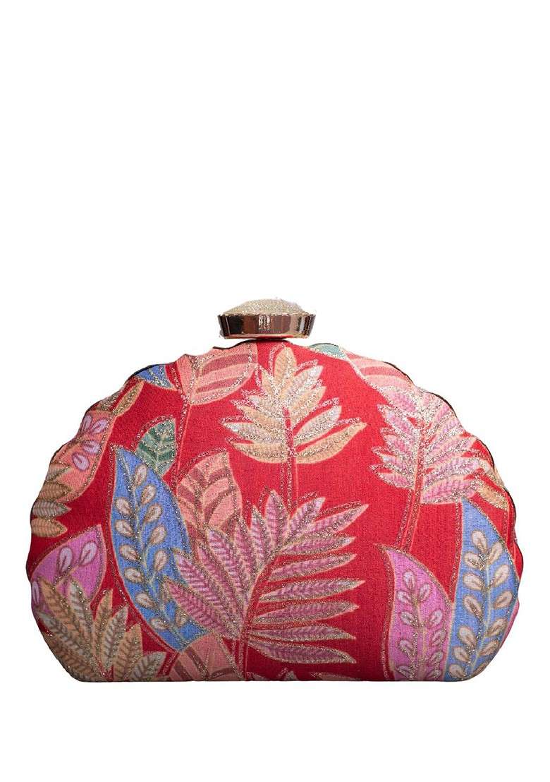 Red Satin Floral Zari Embroidered Box Clutch - Indya