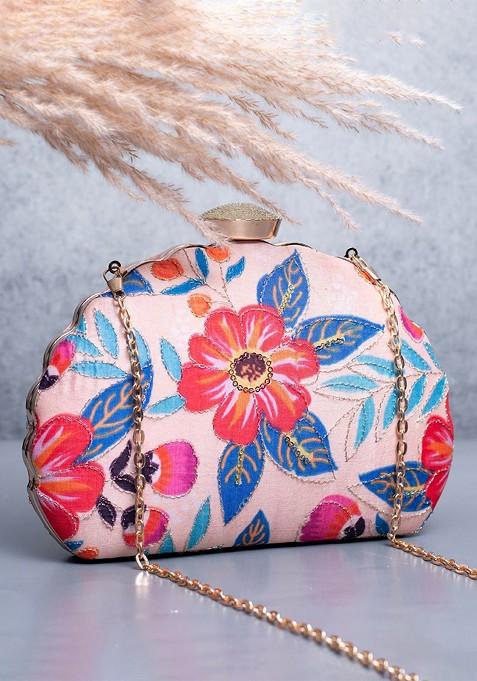 Pink Satin Floral Zari Embroidered Embellished Box Clutch