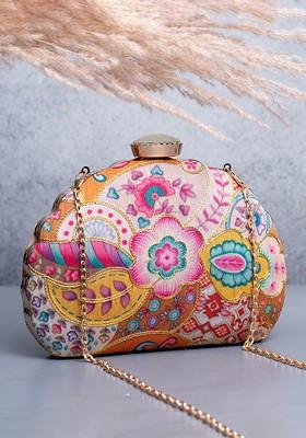Pink Satin Floral Zari Embroidered Embellished Box Clutch