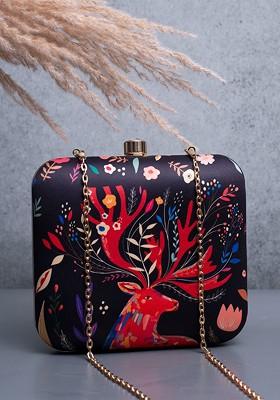Black Fabric Reindeer Printed Box Clutch