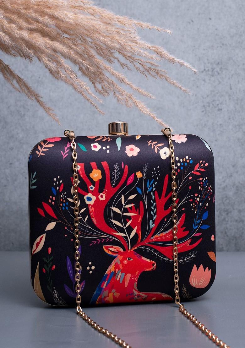 Black Fabric Reindeer Printed Box Clutch - Indya