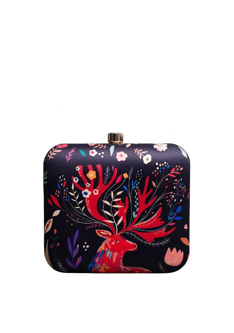 Black Fabric Reindeer Printed Box Clutch - Indya