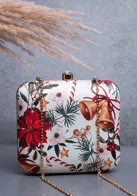 White Fabric Christmas Bells Printed Box Clutch