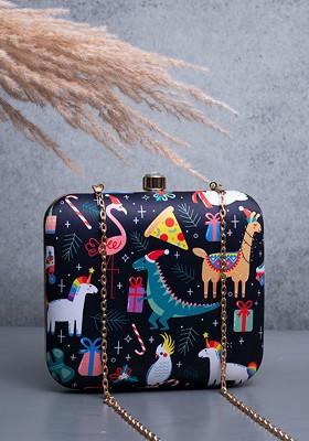 Navy Blue Fabric Christmas Theme Printed Box Clutch