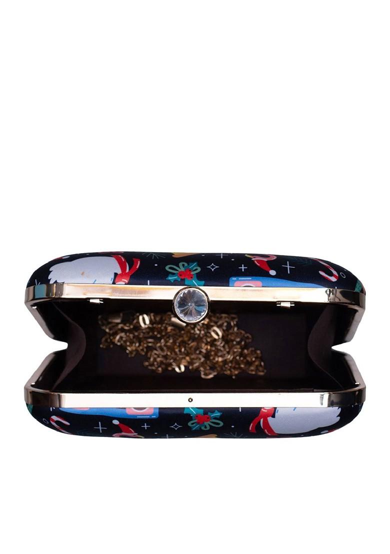 Navy Blue Fabric Christmas Theme Printed Box Clutch - Indya