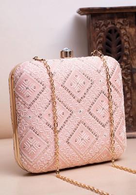 Peach Satin Embroidered Box Clutch