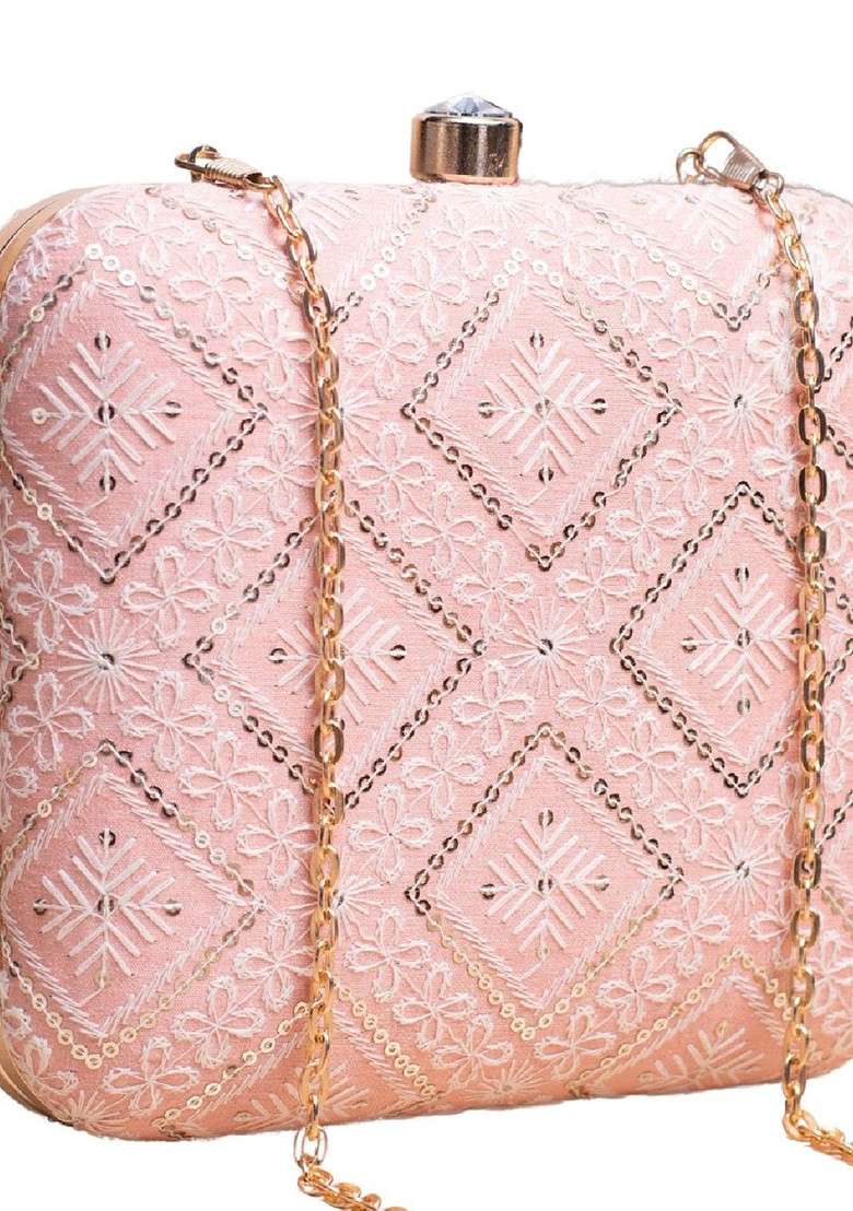 Peach Satin Embroidered Box Clutch - Indya