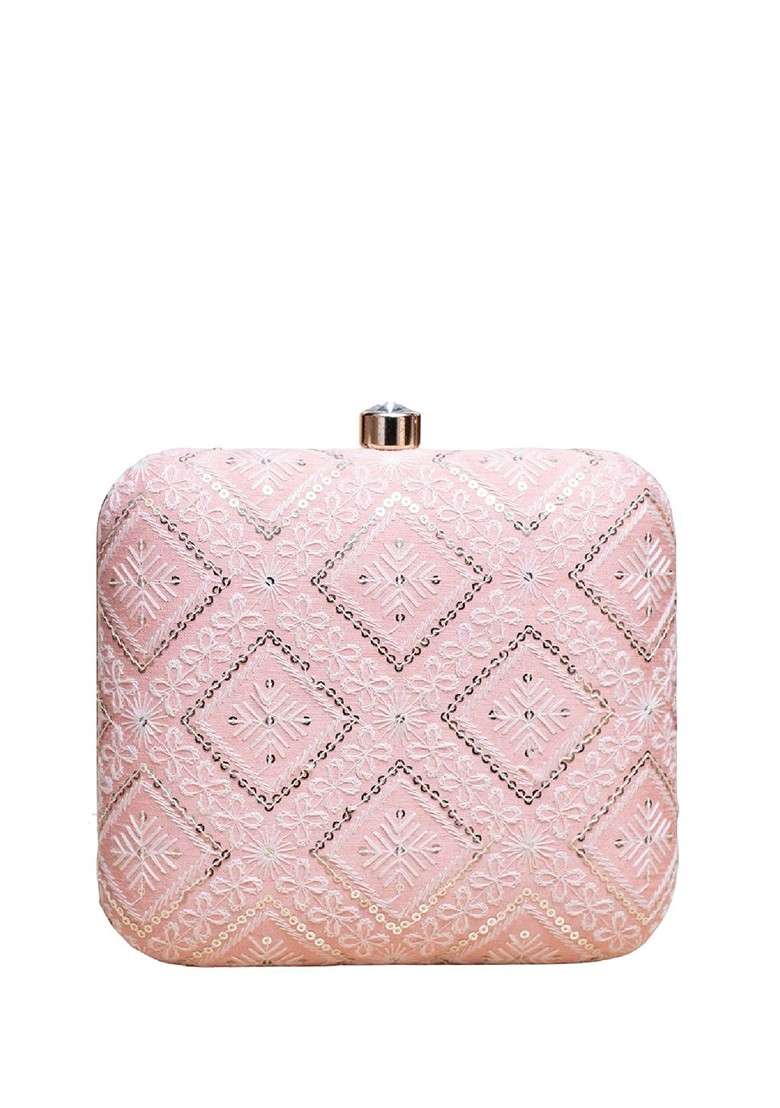 Peach Satin Embroidered Box Clutch - Indya