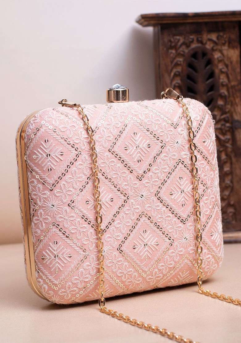 Peach Satin Embroidered Box Clutch - Indya